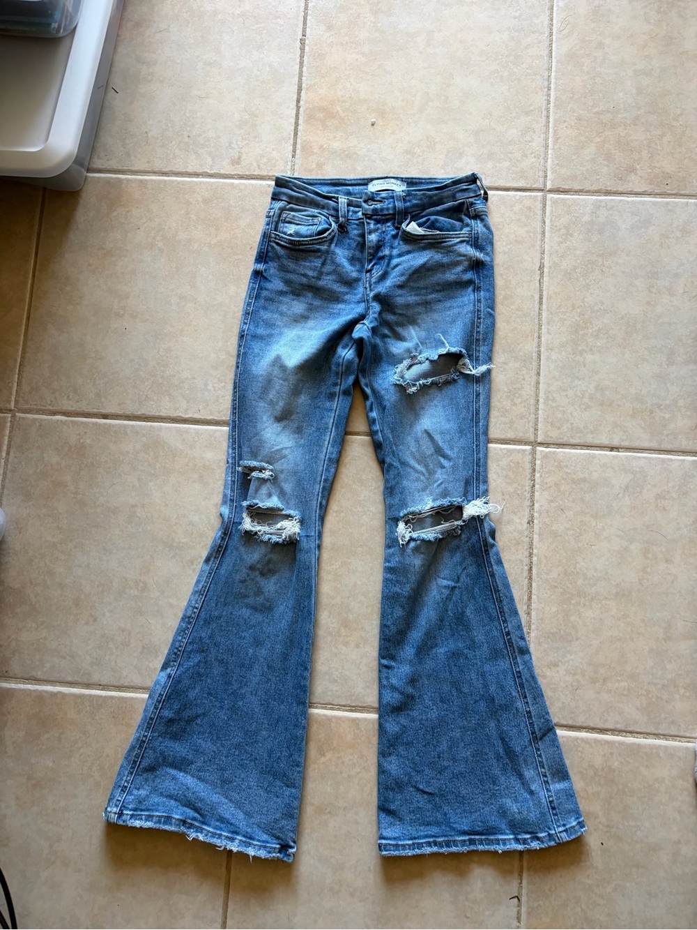 Flying Monkey Vintage Medium Blue Flare Jeans with Distressed Knees